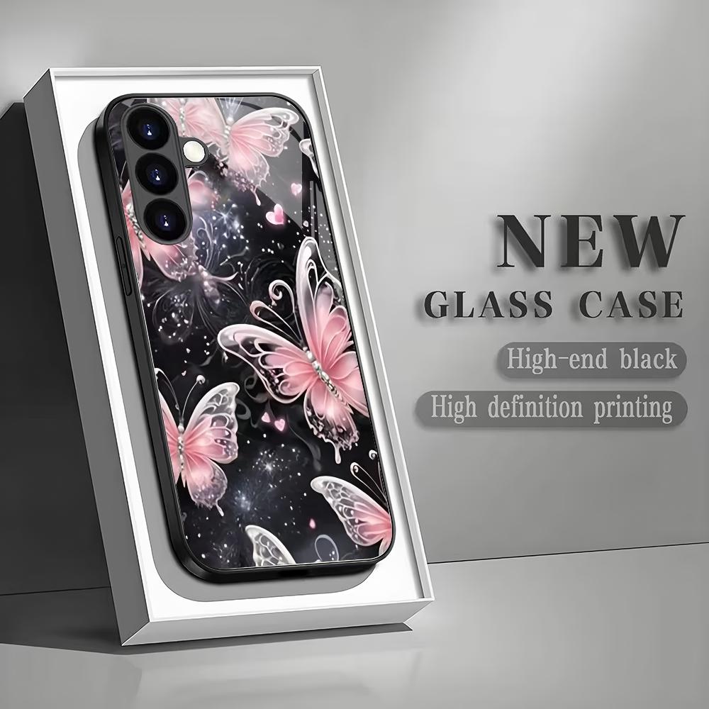 Розовый бабочка закаленное стекло чехол для телефона подходит для Samsung Galaxy S26 S25 S24 S23 S22 S20 FE/Ultra/Plus противоударная задняя крышка