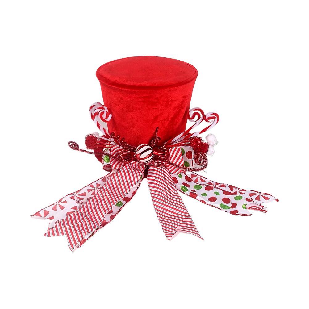 Red Christmas Tree Topper Hat With Bow Ribbon Cane Sugar Decoration Winter Holiday Tree Decor