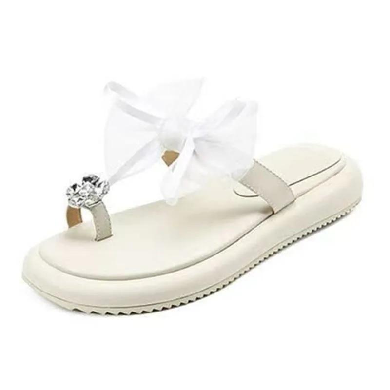 Модные женские/девчачьи тапочки SyfIyno с кружевным бантом, сандалии на платформе с кристаллами и цветком, женские черно-белые узкие шлепанцы, шлепанцы