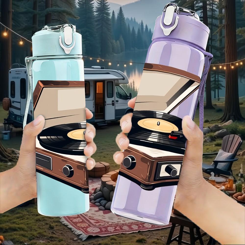 1PC Vintage Vinyl Record Turntable Print 750ml Color Plastic Sports Water Bottle Leakproof Flip Straw Lid Suitable for Sports Office Home Use