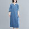 Plus Size Women New Spring Dress Denim Short Sleeve Dress V-Neck Long Dress Blue Basic Dresses Loose