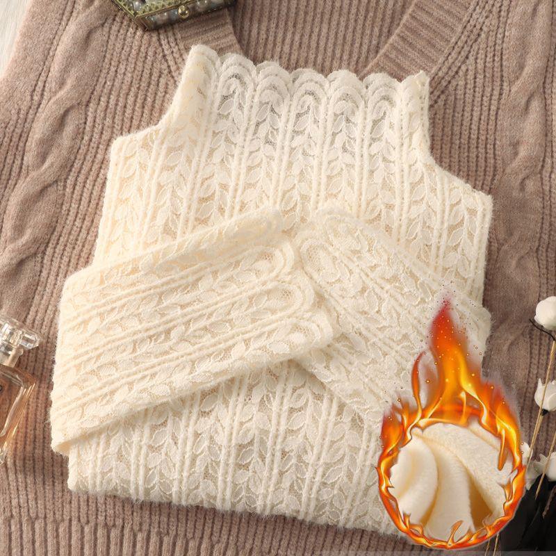 Топ из сетки с высоким воротником и кружевом с начесом для женщин - Модный осенне-зимний слой