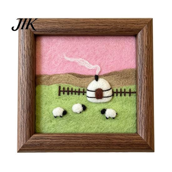 Poke Art Kit with Wooden Frame Steppe Scenery Frame, DIY Grassland Landscape Handmade Wool Painting Set Punch Needle Craft Set, Framed Picture