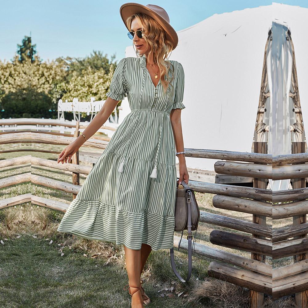 Женские полосатые повседневные платья с короткими рукавами и кисточками средней длины, летние платья на пуговицах с v-образным вырезом для женщин