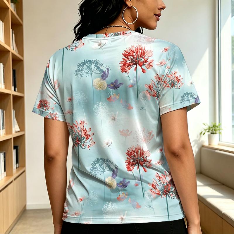 Women's Korean Floral Round Neck Short Sleeve Top,Soft Basic Tee for Daily Casual & Short Trips