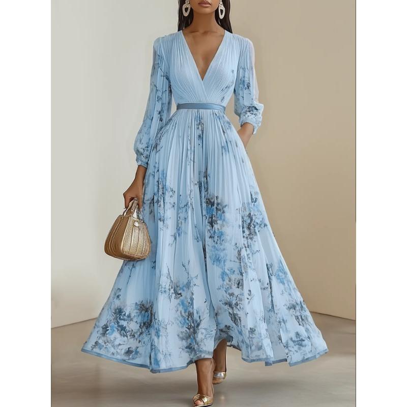 Women Autumn Winter Floral Print Maxi Dress, Deep V‑Neck Long Puff Sleeve Pleated Waist‑Tied Elegant Flowy Long Dress for Ladies