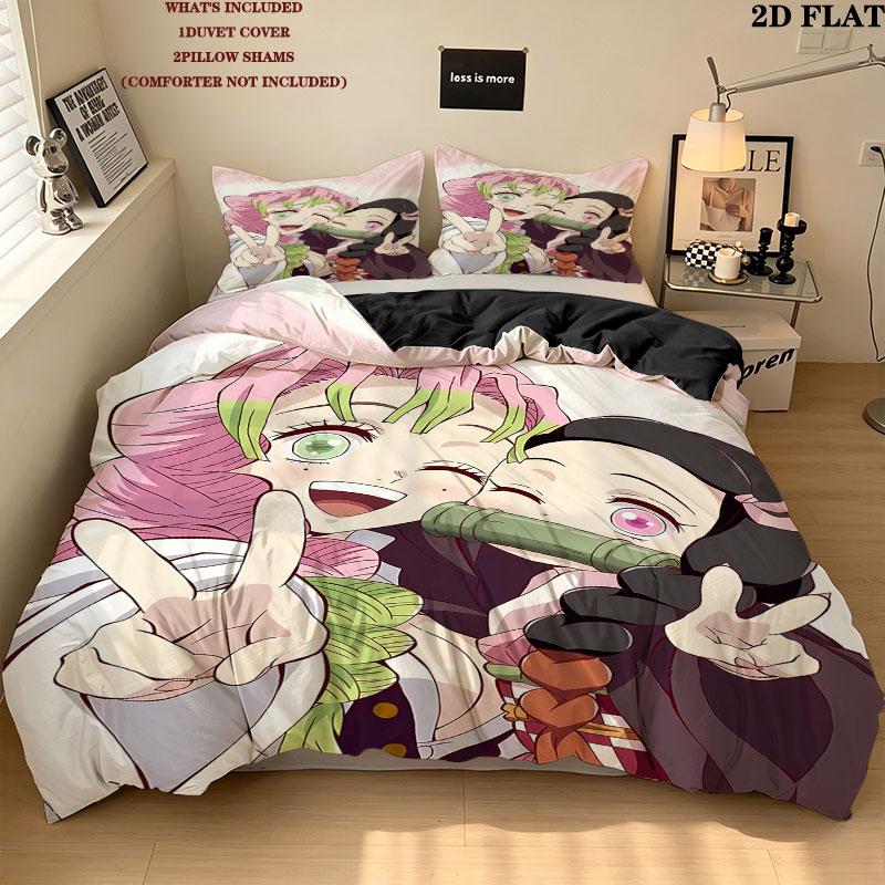 Demon Slayer Pattern Bedding Quilt Set Quilt Cover Pillowcase Home Birthday Gift(1 * duvet cover + 2 * pillowcase, without core)