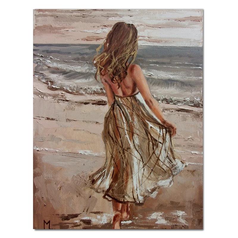 Красивая девушка на берегу моря, картина маслом, холст, HD печать, женские настенные художественные фотографии, украшение для гостиной, дома