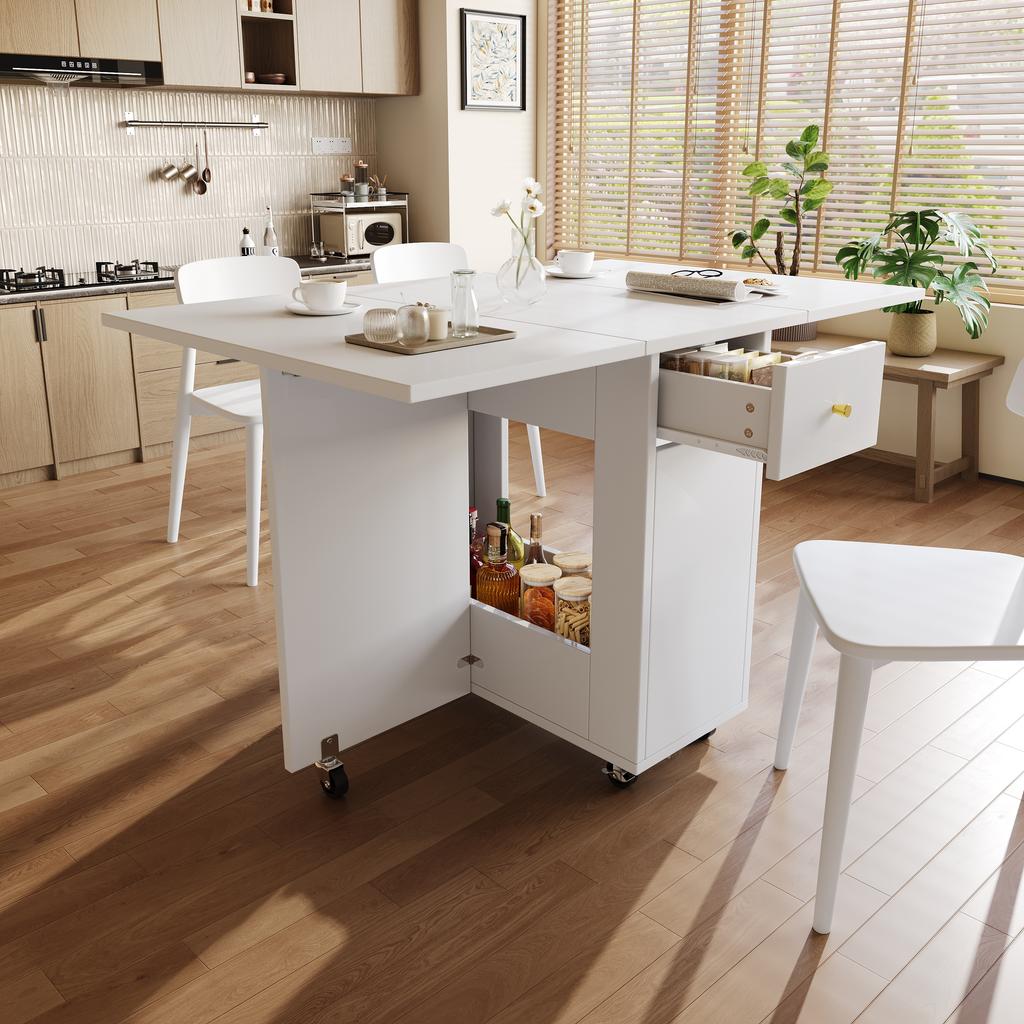 Folding Dining Table (120 x 75 x 75 cm), Mobile Kitchen Worktop, for 2-4 People, with Open Storage, 2 Drawers, Lockable Casters, White