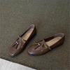 Cowhide Version~ Retro Tassel One-word Buckle Low-heeled Mary Jane Small Leather Shoes Women's Shallow Mouth Shoes Round Head Flat-soled Single Shoes