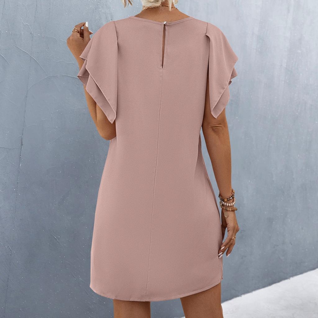 Spring Summer Women's Double-layer Lotus Sleeve O-Neck Short Sleeve Pocket Dress