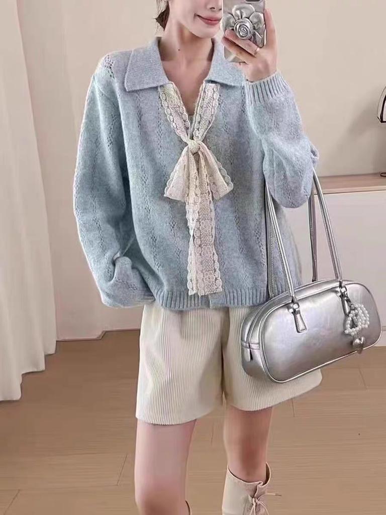 Кружевной кардиган с лацканами на шнуровке, вязаный топ, новый свободный ленивый свитер-жакет для женщин на осень и зиму