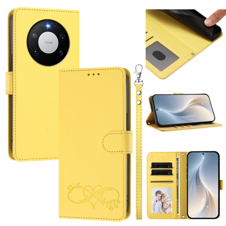 Happy Heart Pattern Magnetic Closure Vegan Leather Phone Case with Wrist Strap For Huawei Mate 60