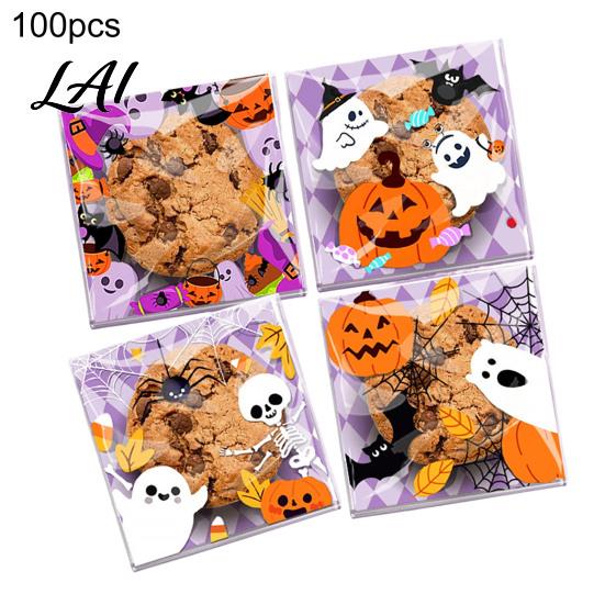 Self Adhesive Treat Bags 100 Pcs Small Halloween Bags Seal Clear Candy Dessert Snack Cookie Trick or Party Favors for Holiday Cute Cartoon Pouches