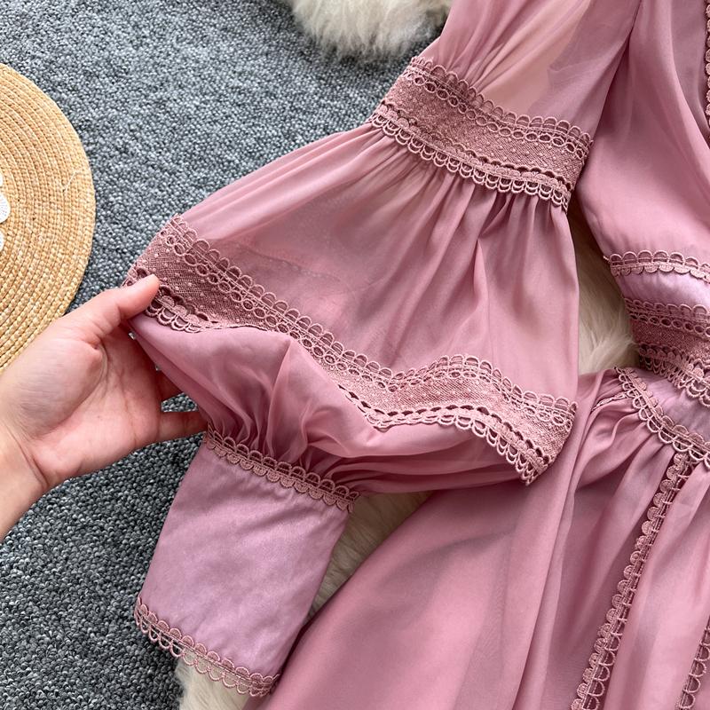 New Heavy Craft Lace Embroidery Hollow Out Party Evening Long Dress Women's Stand High Waist Lantern Sleeve Dresses Holiday