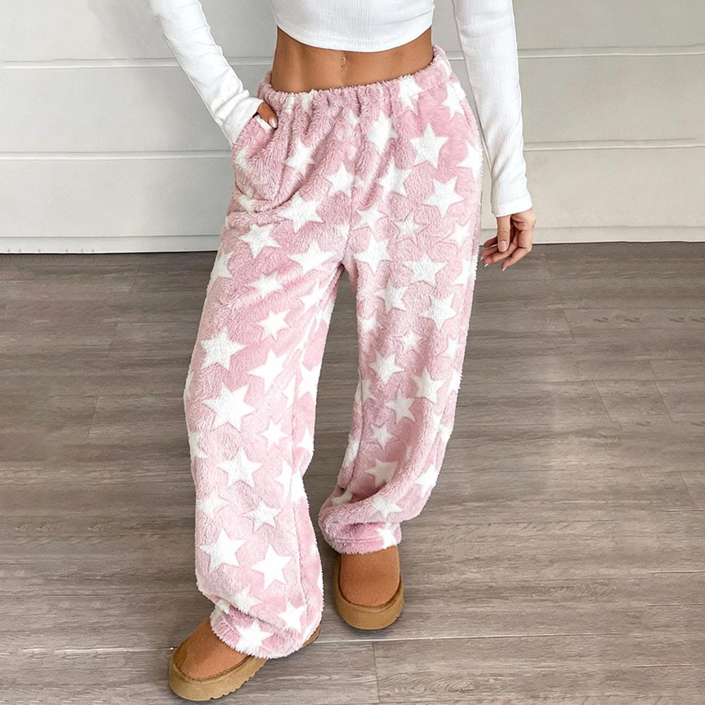 Women's Pajama Pants, Plush Pajama Pants, Soft Elastic Waist Pajama Pants, Star Pants With 2 Pockets
