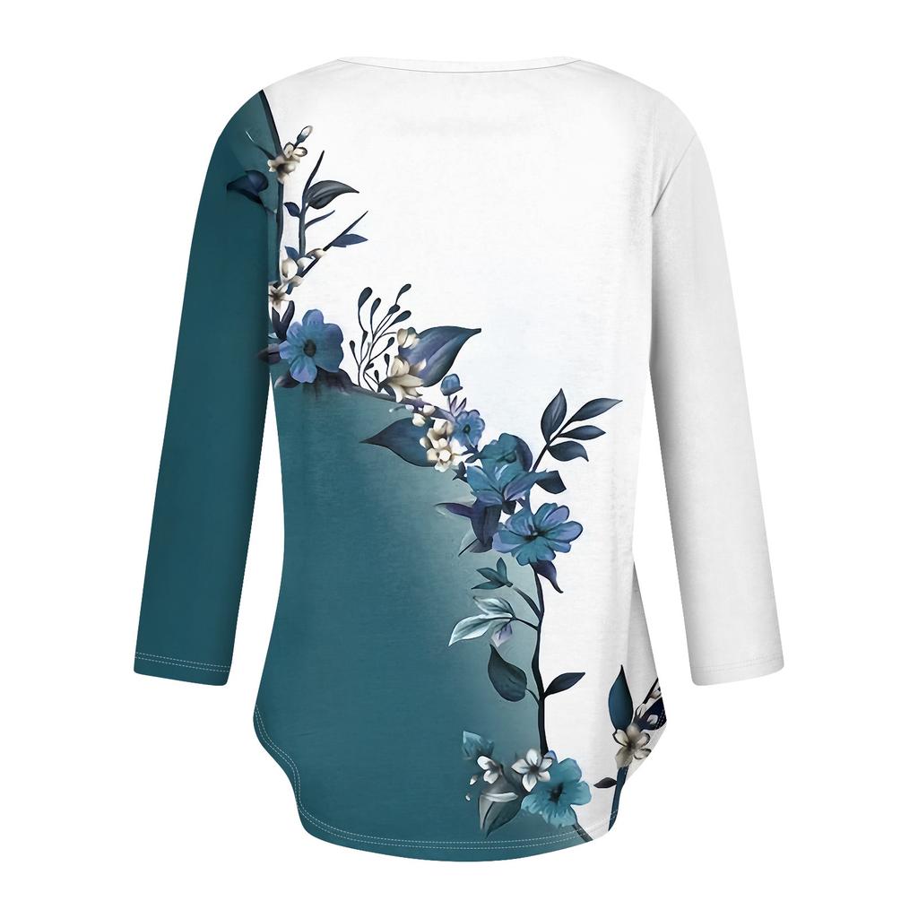 Womens 3/4 Sleeve Daily Weekend V Neck Casual Printed Tshirts Loose Fit Pleated Tees Ladies Blouse