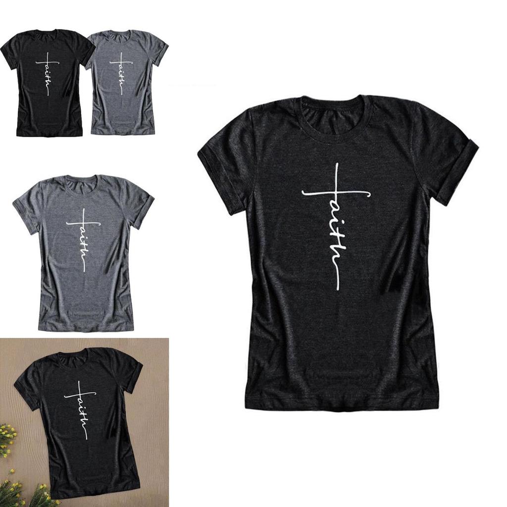 Women Short Sleeve Summer Faith Letter Print T-shirt Graphic Tee Blouse Fashion In Soft And Comfortable Material