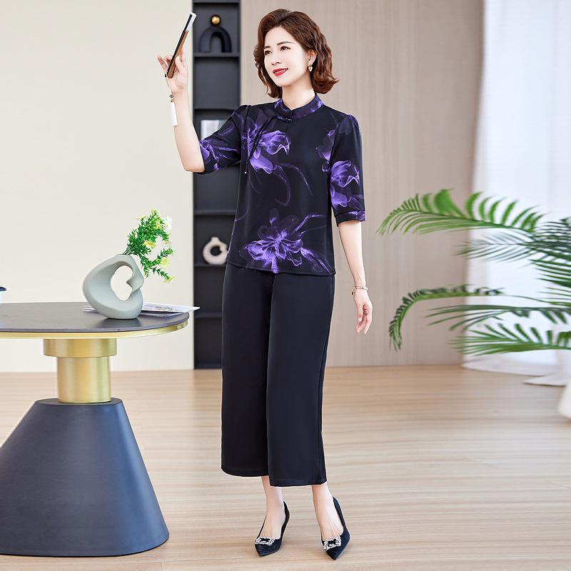 Новый шифоновый костюм мамы 2025: Комплект из двух вещей в китайском стиле, омолаживающий, для женщин среднего и пожилого возраста