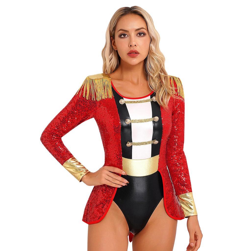 Womens Circus Ringmaster Cosplay Bodysuit Long Sleeve Allover Sequin Tail Jumpsuit Halloween Festival Costumes