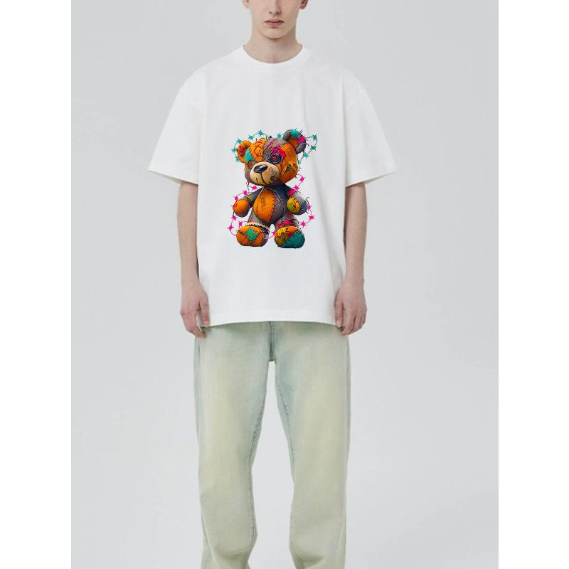 Crewneck T Shirt Black Colorful Patchwork Teddy Bear Graphic Print Casual Streetwear Fashion Unisex Top for Men and Women Daily Wear Outfit