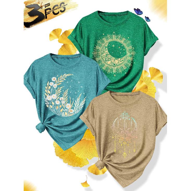 3Elegant plus-size short-sleeve outfit for sisters to attend parties T Shirt Daisy Moon Lotus Print Plus Size Women's Spring/Summer Casual