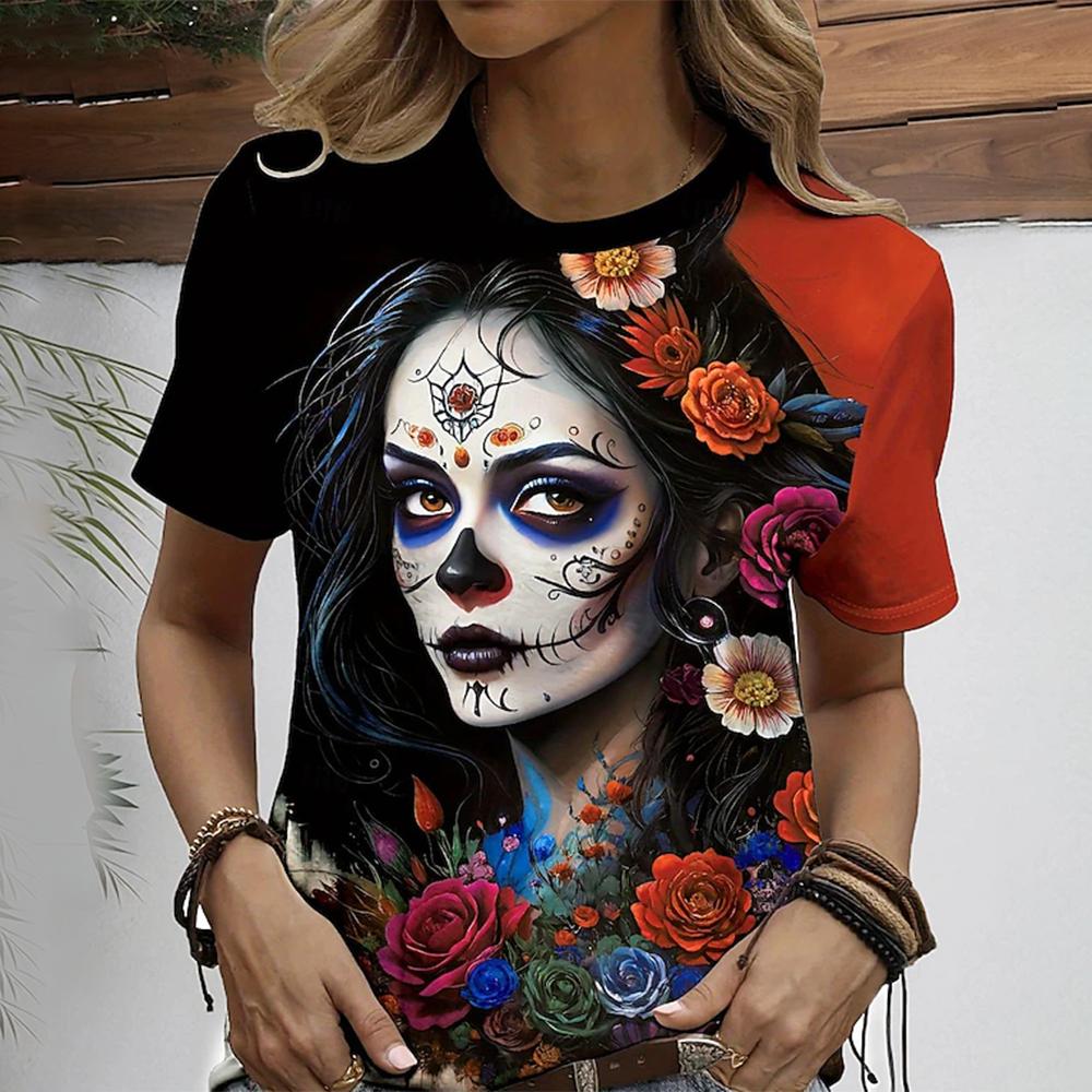 Новая женская повседневная футболка с коротким рукавом, летняя блузка с 3D цветочным принтом, футболка с круглым вырезом и коротким рукавом