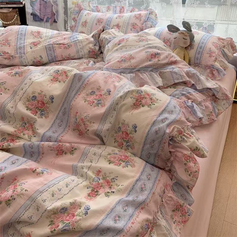 Korean Style Princess Floral Bedding Set Washed Cotton Vintage French Pastoral Flowers Lace Ruffles Duvet Cover Set Pillowcase
