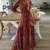 Женское платье макси с винтажным принтом, глубоким V-образным вырезом, высокой талией, рукавом три четверти, лоскутное платье со свободным подолом в богемном стиле, мягкое платье длиной до пола