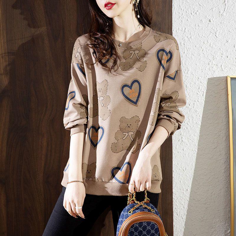 Small Bear Print Plus Size Women's Pullover Long Sleeved Spring and Autumn Loose Top