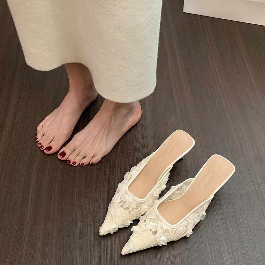 Fashion Summer Women's Fashion High Heel Mules Slippers Elegant Cover Toe Dress Lace Slides Ladies Dancing Party Prom Shoes