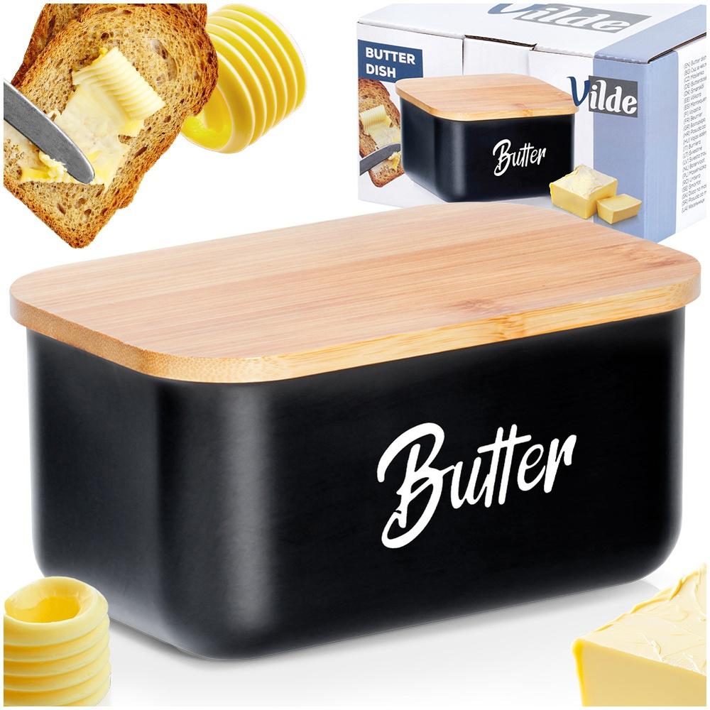 Black steel butter dish with bamboo lid