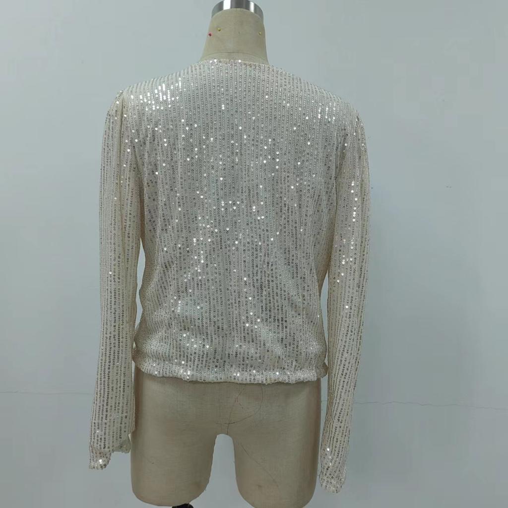 Short Casual Women's Jacket for Spring with Eye-catching Sequins and Chic Style