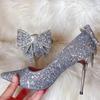 Серебристые хрустальные туфли на высоком каблуке, женские туфли-лодочки, добавляющие платью темперамент, с бантом, с открытым мыском, свадебные туфли, туфли невесты