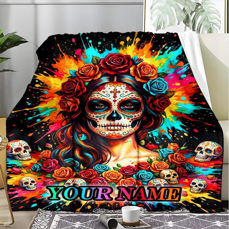 1PC Custom Name Day Dead Art flannel blanket versatile,all-season throw suitable for the living room,bedroom,camping,travel,and gift