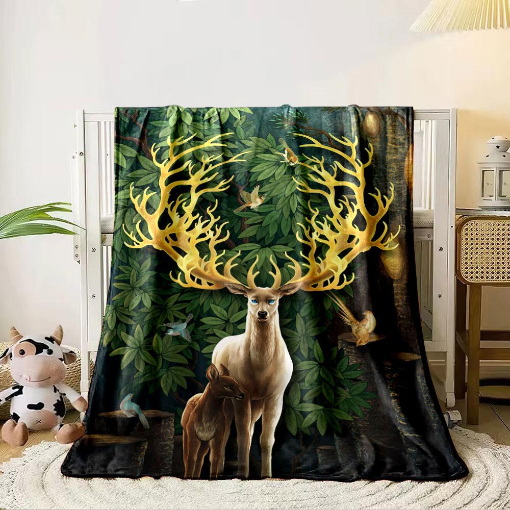 Glowing antlers, leafy forest backdrop, birds, and two deer in focus. for all seasons blanket lunch break throw gift