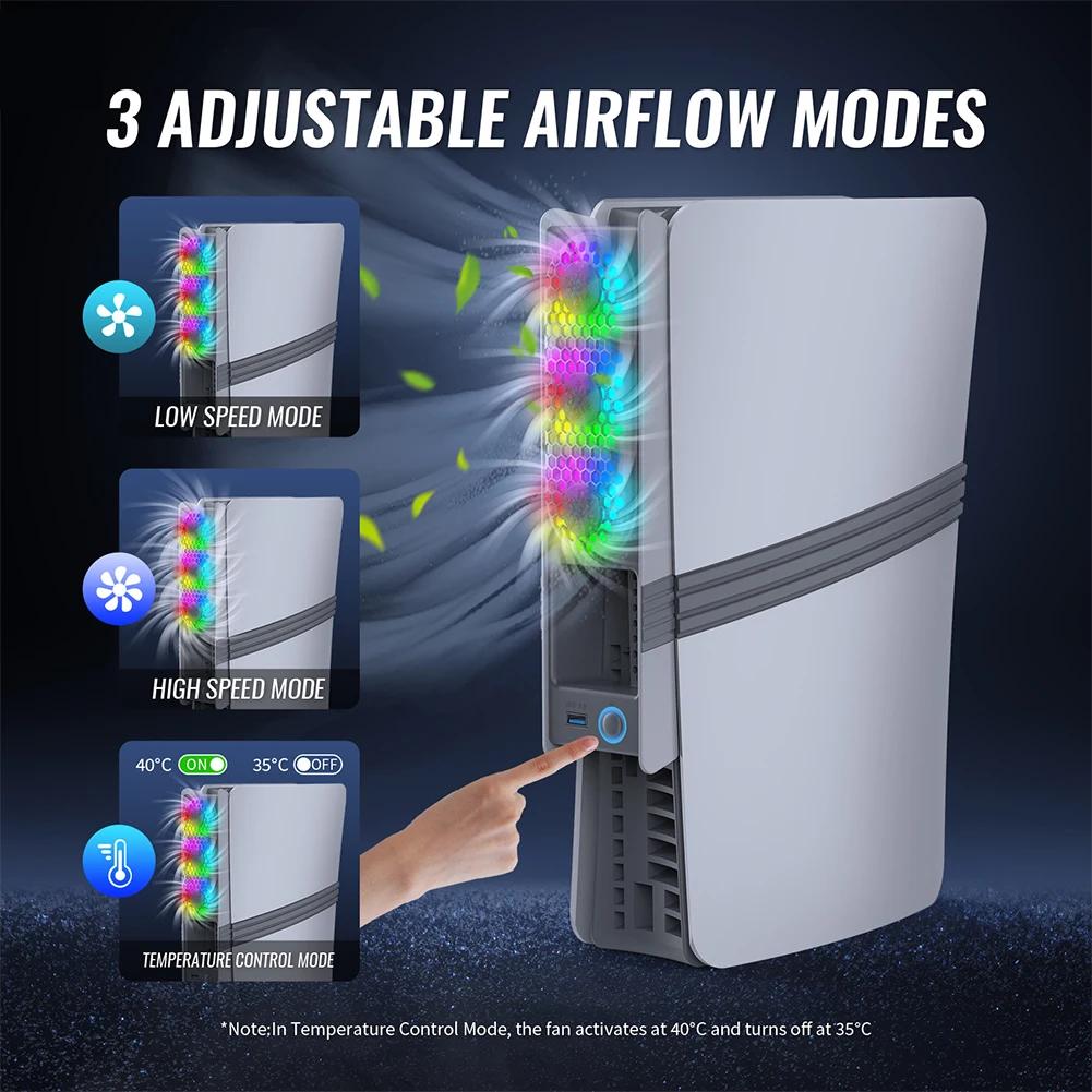 Охлаждающий вентилятор для PS5 Pro/Slim Регулируемый 3-скоростной охлаждающий вентилятор со светодиодной подсветкой и портом USB3.0 Улучшенный охлаждающий вентилятор для дисковой и цифровой версий