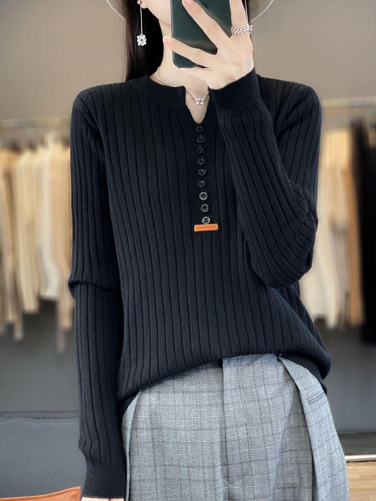 Женский облегающий трикотажный пуловер с длинным рукавом и круглым вырезом на пуговицах, осень 2023