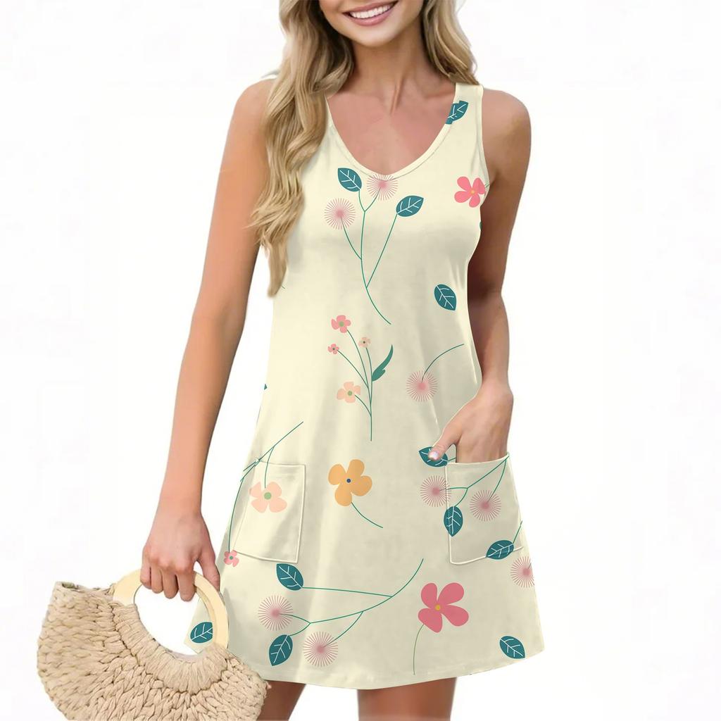 Женское повседневное летнее платье-жилет с карманами, цветочным принтом, V-образным вырезом, без рукавов