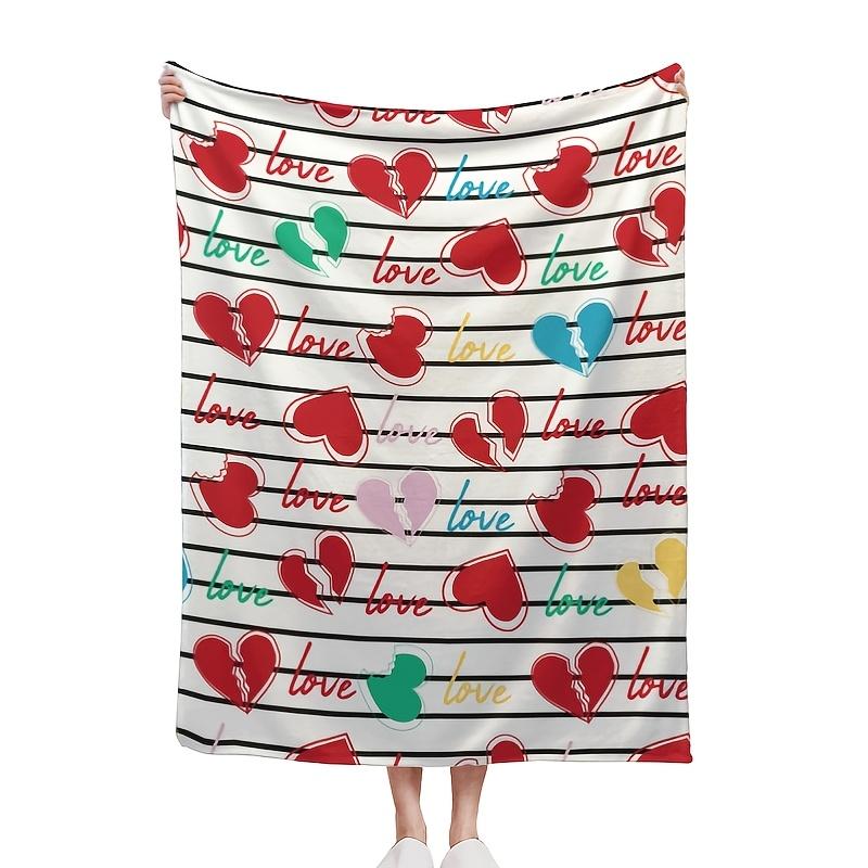 Extra Large 60X80 Love Heart Flannel Blanket - 300Gsm Heavyweight All-Season Soft Bedspread with Multicolor Hearts & Love Lettering, Red/Pink/White/Pu