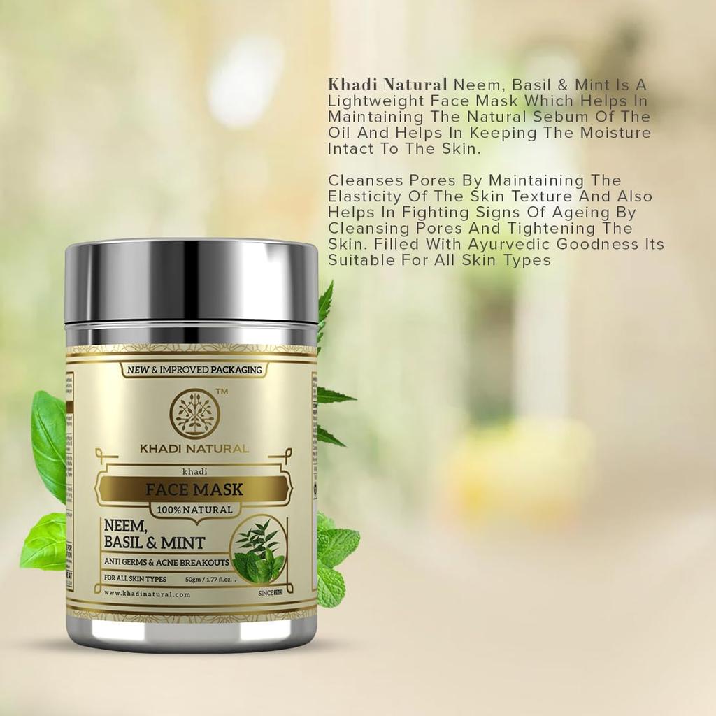 KHADI NATURAL Маска для лица от прыщей с нимом, базиликом и мятой 50 г Травяной уход для чистой сияющей кожи