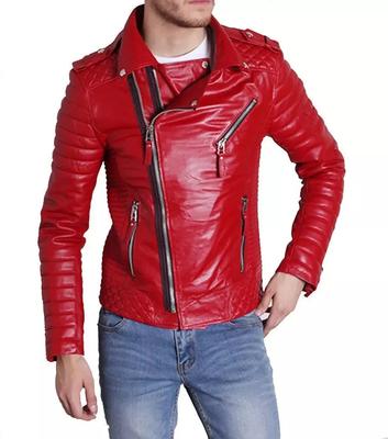 New Red Men's Genuine Lambskin Leather New Handmade Stylish Jacket Biker