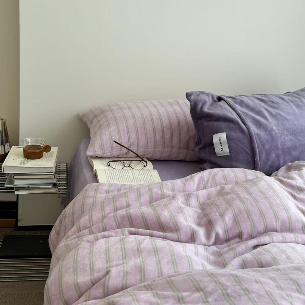 Утолщенный молочный флис, девичье сердце, простой полосатый, сочетающийся, постельный комплект из четырех предметов, коралловый флис, пододеяльник, простыня 2