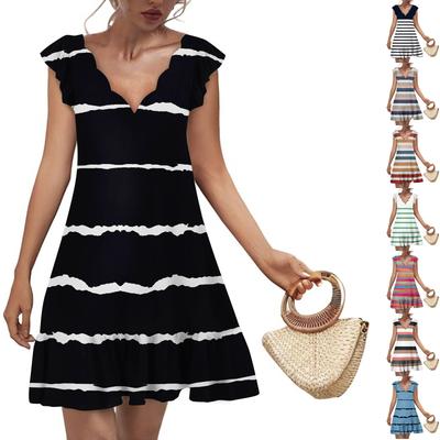 Женское модное повседневное платье с V-образным вырезом, волнистым краем, полосатым принтом и принтом в клетку, с короткими рукавами