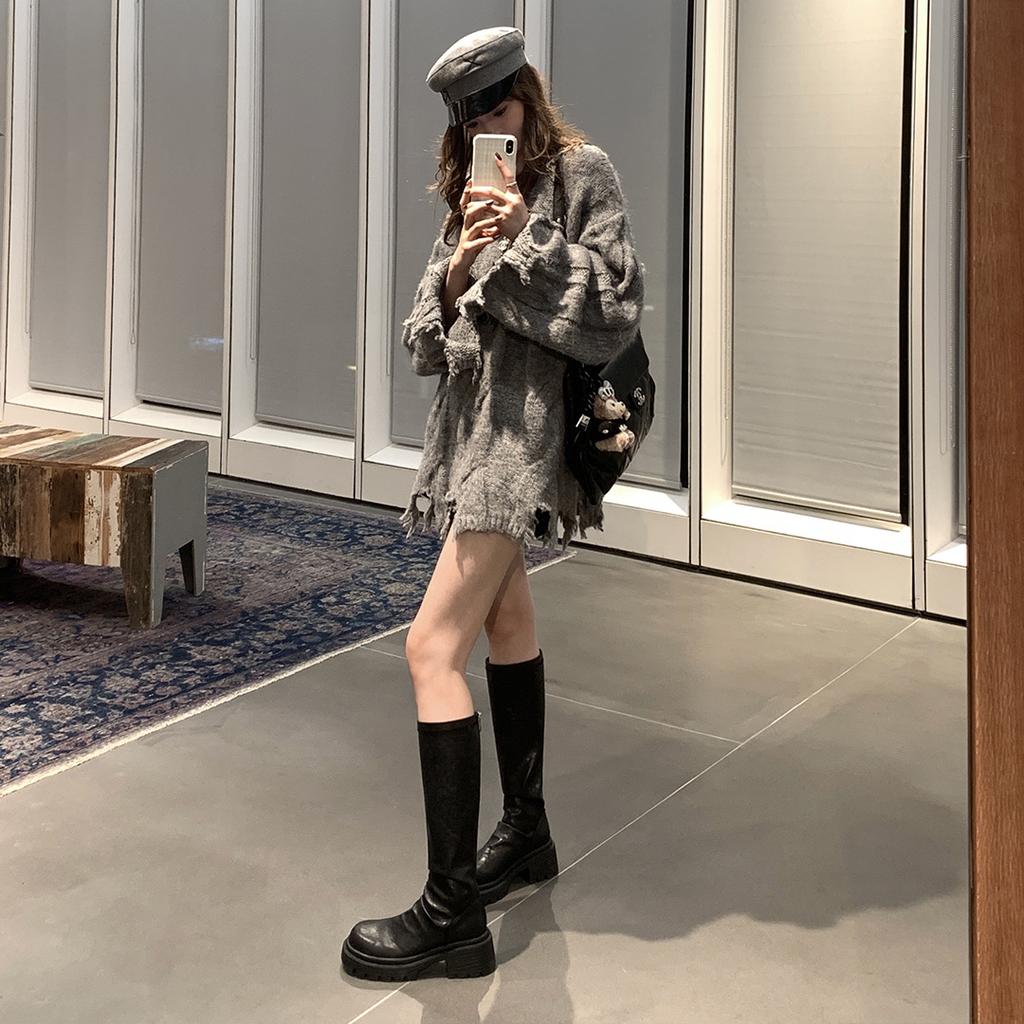 Сапоги Su Yinyin из коровьей кожи того же стиля, толстые подошвы, толстые каблуки, плиссированные, средние и высокие эластичные штабелируемые сапоги, женские сапоги