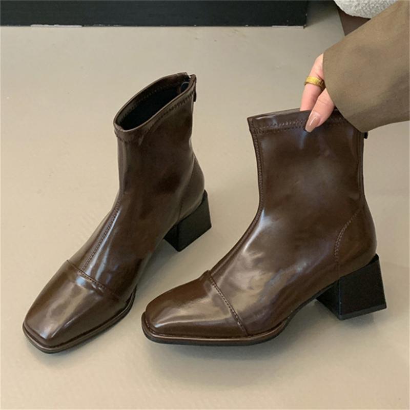 Fashion Eilyken High Quality PU Leather Round Toe Zipper Women Ankle Boots Fashion Square Low Heels Party Dress Shoes