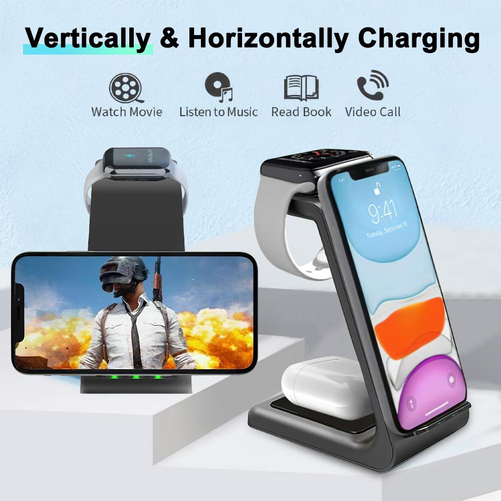 15W Wireless Charger Dock Fast 3 In1 Qi For iPhone/ Samsung /Huawei/Xiaomi/Aipods/ iWatch