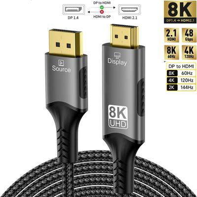 Совместимый кабель DisplayPort - HDMI, преобразователь DP1.4 в HDMI 2.1 8K при 60 Гц 4K при 120 Гц HDR для настольного компьютера, ноутбука, ПК, телевизора, монитора, проектора