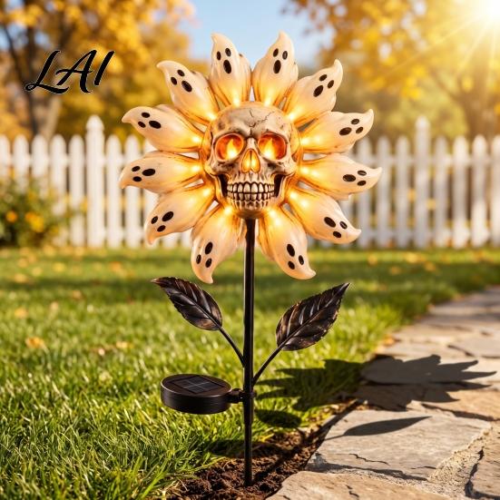 Decorative Garden Stake for Flower Bed Sunflower Light Skull Solar Powered Waterproof Holiday Gift Lovers Halloween Yard Decor Lawn Pathway