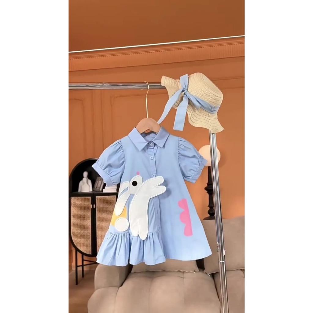 Rabbit Girls' Elegant Summer Dress - Pink with Bunny Embroidery, Ruffle Hem, Short Sleeve, Button-Up Collar, Non-Stretch Fabric, Cute Summer Dresses